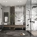 Modern Bathroom Interior With Marble Walls Dark Wooden Vanity And Glass Shower Enclosure