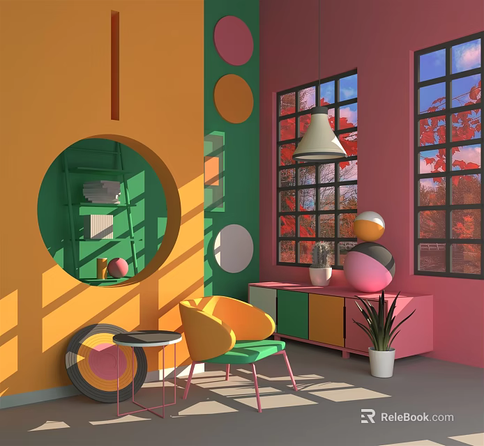 Vibrant Accent Chair in Colorful Living Room with Circular Mirror Windows Side Table and Sunlight 3d model 
