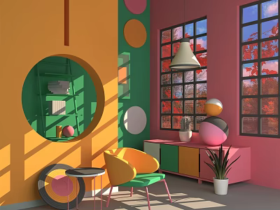Vibrant Accent Chair in Colorful Living Room with Circular Mirror Windows Side Table and Sunlight 3d model