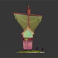 Cartoon Scene Featuring Colorful Ship Small House Yellow Flag Wooden Roof And Green Grass Base