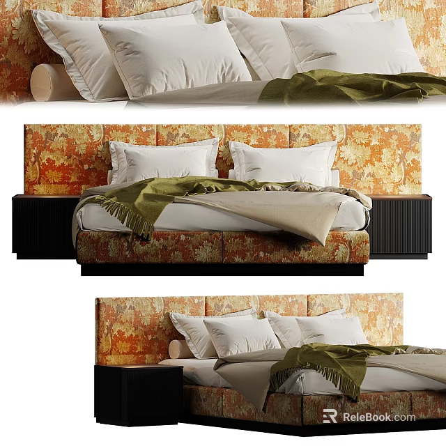 Elegant Vintage Patterned Upholstered Double Bed With Matching Side Nightstands For Cozy Modern Bedroom Decoration 3d model 