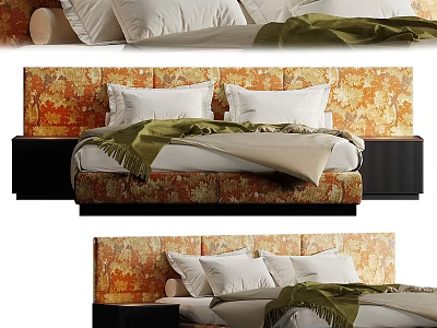 Elegant Vintage Patterned Upholstered Double Bed With Matching Side Nightstands For Cozy Modern Bedroom Decoration 3d model