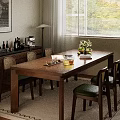 Cozy Wooden Dining Table Set With Green Seat Chairs Fruits Glassware And Cabinet