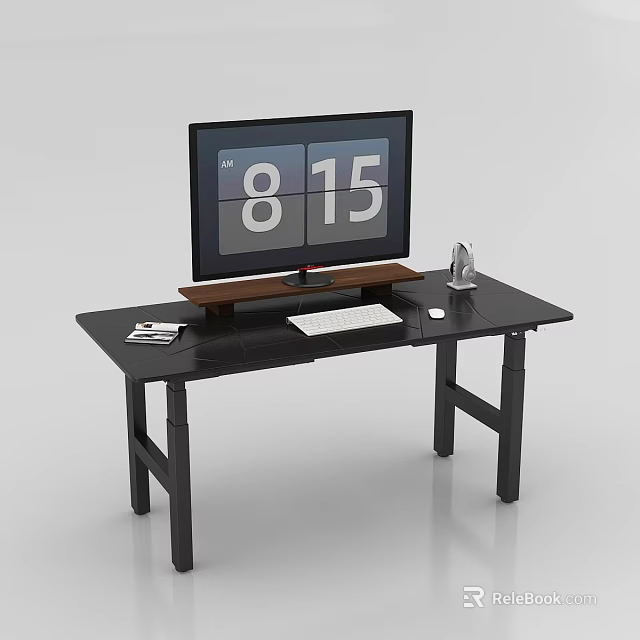 Modern Black Desk Setup With Monitor Keyboard Mouse And Pen Holder 3d model 
