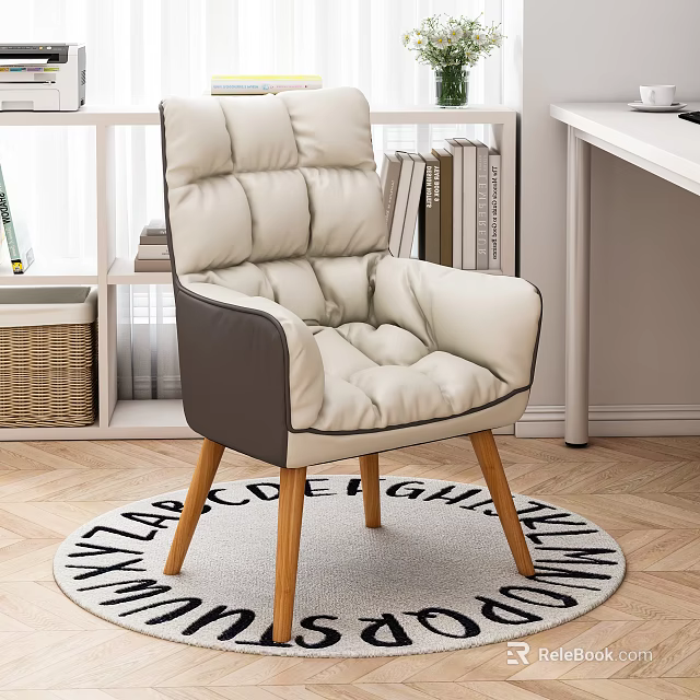 Beige And Brown Padded Single Sofa With Wooden Legs On Alphabet Pattern Rug 3d model 