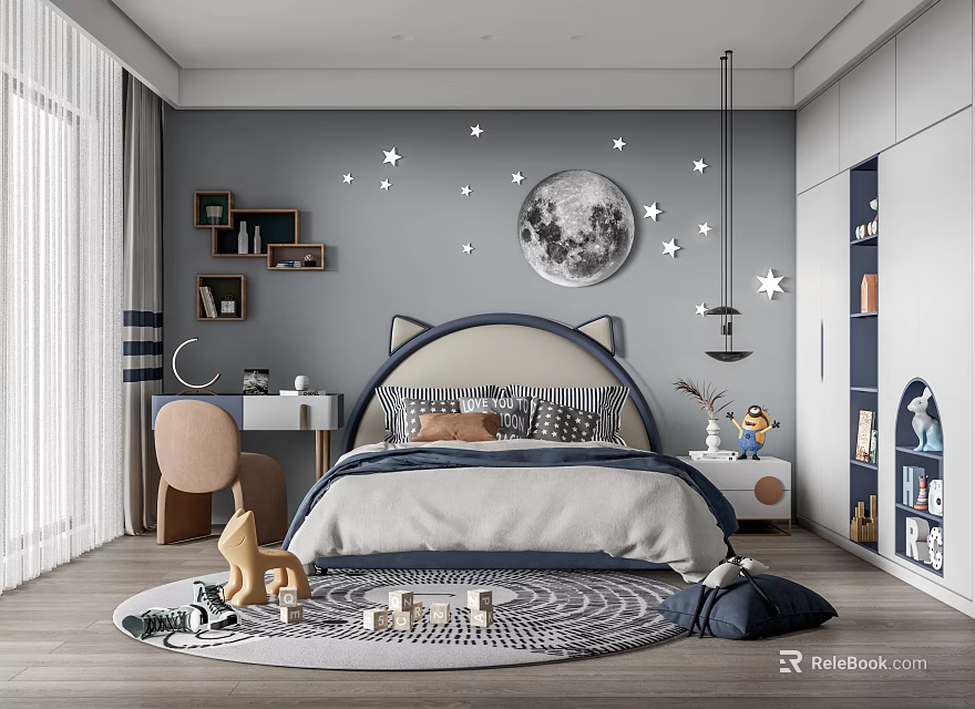 Cozy Kids Room Interior With Moon Stars Wall Decor Bed Rug And Playful Toys 3d model 