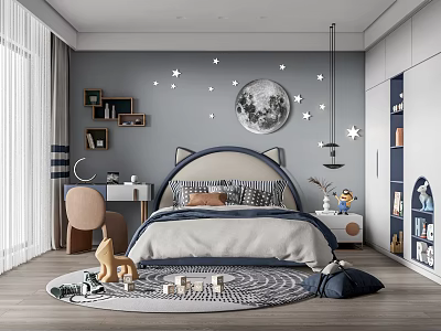 Cozy Kids Room Interior With Moon Stars Wall Decor Bed Rug And Playful Toys 3d model