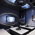 Modern Tech Inspired KTV Interior With White Sofas And Round Window