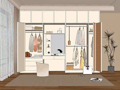 Modern Open Closet Design With Hanging Clothes Storage Plant Chair And Rug 3d model