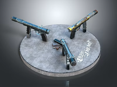 Three Unique Firearms With Diverse Color Patterns Displayed On Round Platform 3d model