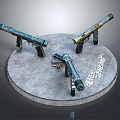 Three Unique Firearms With Diverse Color Patterns Displayed On Round Platform
