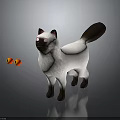 White Cat With Brown Ears And Tail Standing Near Orange Balls On Gray Background
