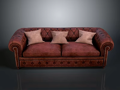 Burgundy Tufted Sofa with Three Beige Cushions Scroll Armrests and Classic Living Room Furniture 3d model