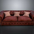 Burgundy Tufted Sofa with Three Beige Cushions Scroll Armrests and Classic Living Room Furniture
