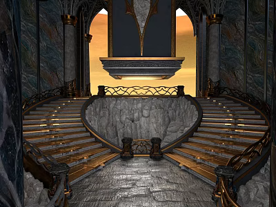 Ancient Spiral Staircase Stone Structure With Golden Decorations Arched Windows Central Platform 3d model