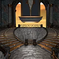 Ancient Spiral Staircase Stone Structure With Golden Decorations Arched Windows Central Platform