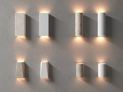 Eight Wall Lamps In Different Shapes White Beige On Grey Wall With Warm Glowing Light 3d model