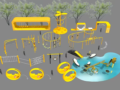 Outdoor Yellow Playground Equipment With Climbing Frames Slides Rotating Structures And Circular Rings 3d model