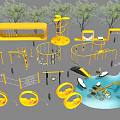 Outdoor Yellow Playground Equipment With Climbing Frames Slides Rotating Structures And Circular Rings