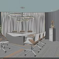 Modern Conference Room Interior With Round Pendant Lights White Meeting Table And Beige Chairs
