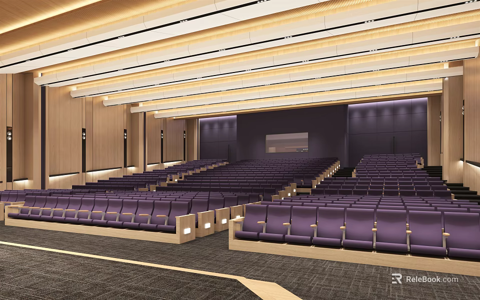 Large Conference Room With Purple Seats Wooden Walls And Modern Ceiling Lighting 3d model 