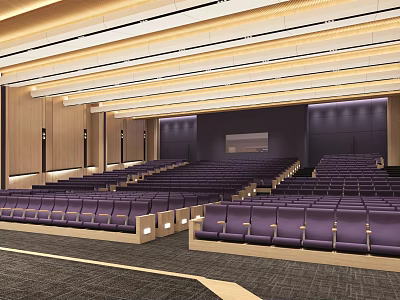 Large Conference Room With Purple Seats Wooden Walls And Modern Ceiling Lighting 3d model