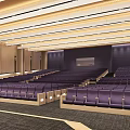 Large Conference Room With Purple Seats Wooden Walls And Modern Ceiling Lighting