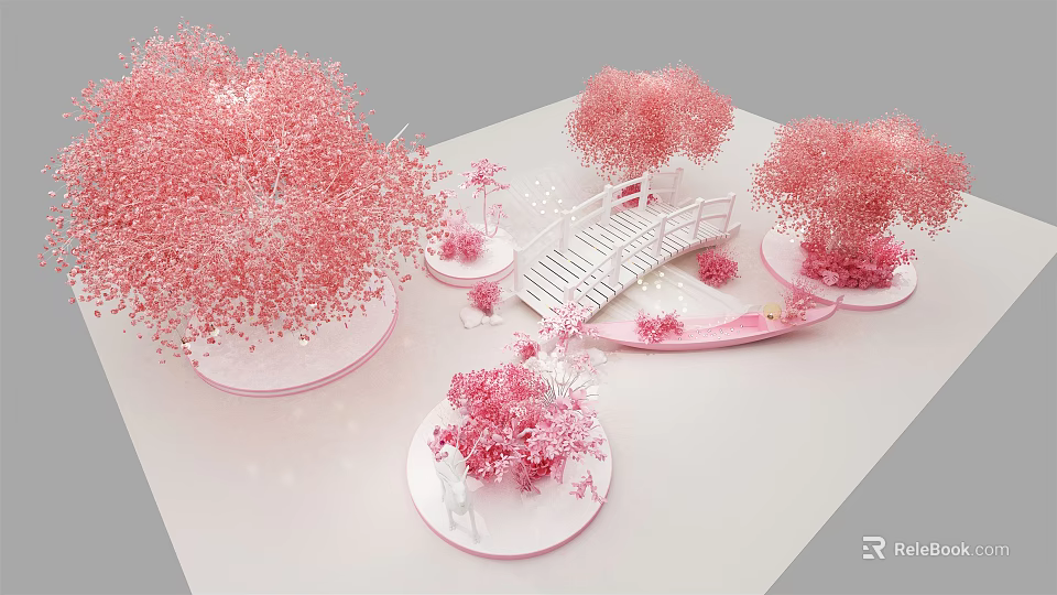 Pink Themed Landscape With Blossoming Trees White Bridge And Circular Platforms 3d model 