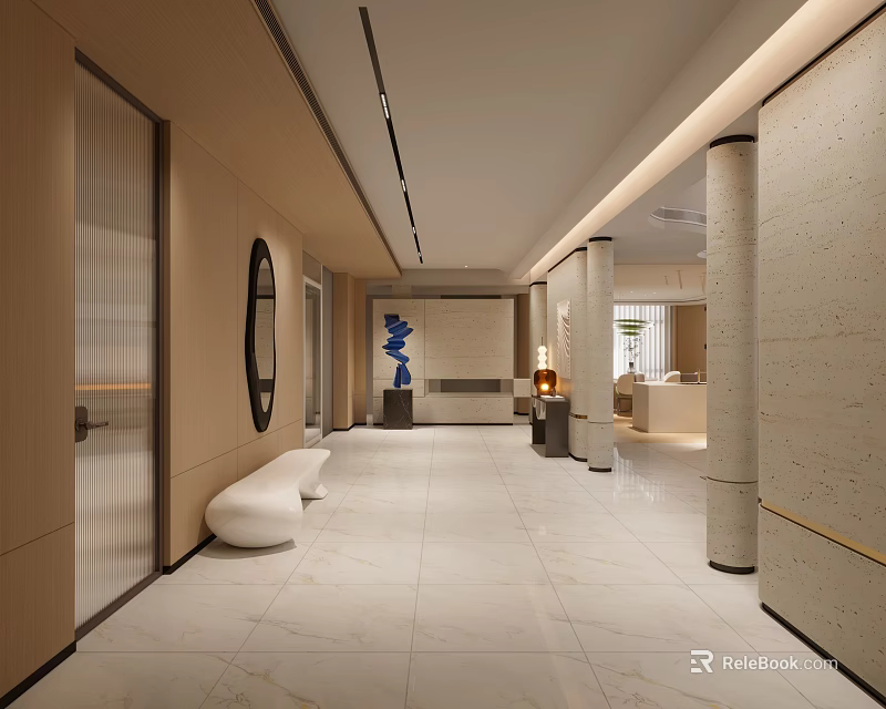 Modern Foyer Hallway With Tiled Floor Mirror And Art Decor 3d model 