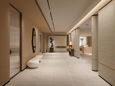 Modern Foyer Hallway With Tiled Floor Mirror And Art Decor 3d model