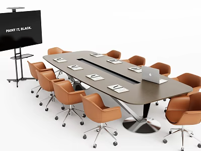 Modern Conference Table With Brown Rolling Chairs And Projector Screen Setup 3d model
