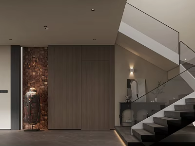 Modern Dining And Living Room Interior Design With Glass Staircase Wooden Wall And Stone Decoration 3d model