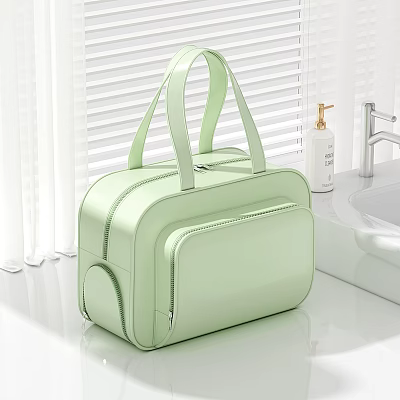 Light Green Leather Toiletry Bag With Zipper Closure On Bathroom Counter And Hand Sanitizer Bottle 3d model
