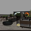 Rooftop Bar Outdoor Seating With Green Plants Water Feature And City Night View