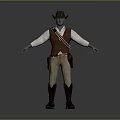 Game Movie Character In Cowboy Hat Brown Vest White Shirt Bullet Belt And Boots
