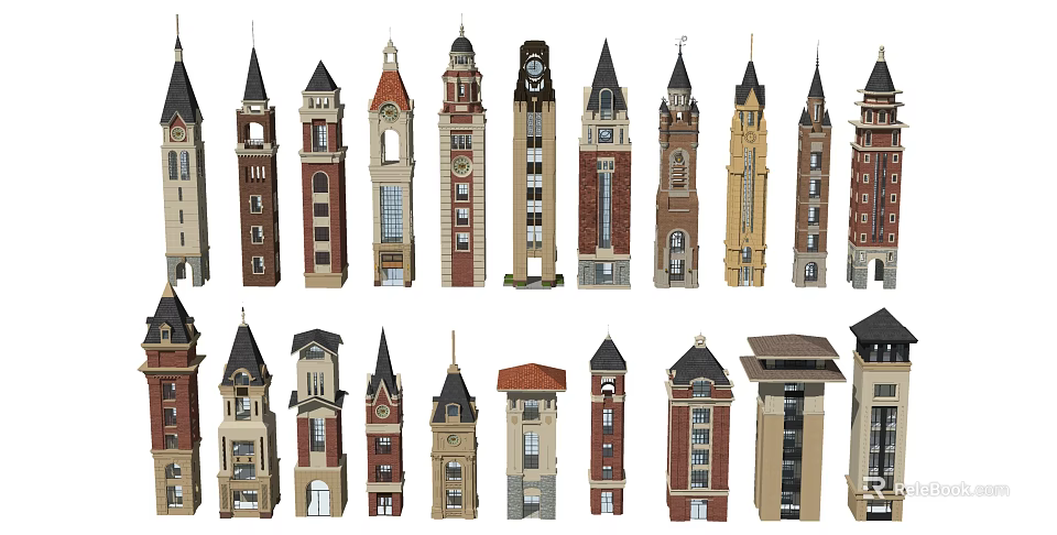 Various Classic And Modern Style Towers With Detailed Spires And Exterior Designs 3d model 