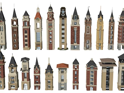 Various Classic And Modern Style Towers With Detailed Spires And Exterior Designs 3d model
