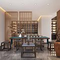 Elegant Chinese Specialty Store Interior With Wooden Shelves Tables Chairs And Display Products
