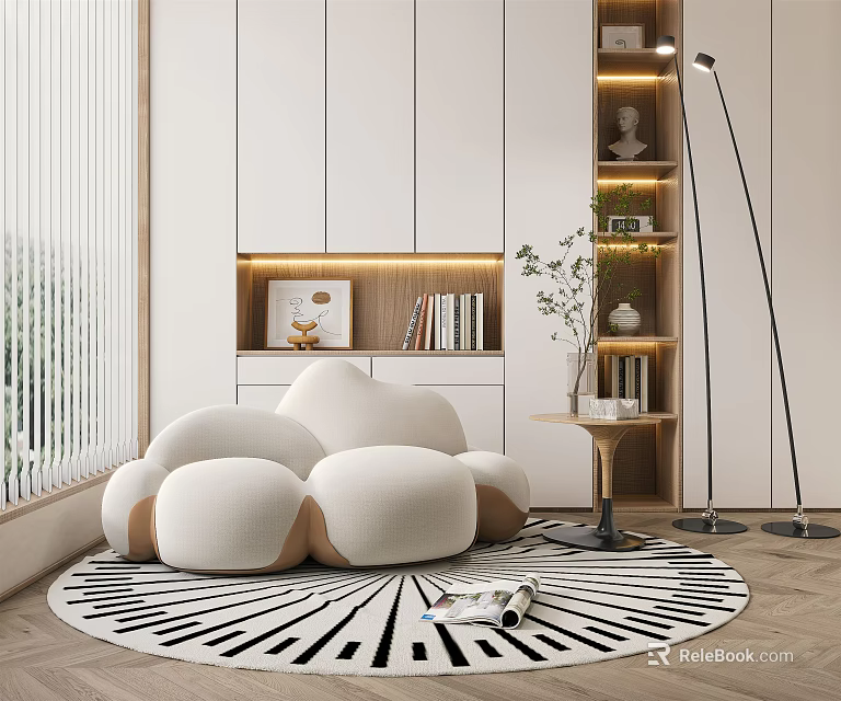Cozy Bean Bag Chair In Modern Living Room With White Cabinets And Round Rug 3d model 