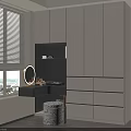 Modern Light Tone Wardrobe With Dressing Table Mirror And Window Blinds 3d model