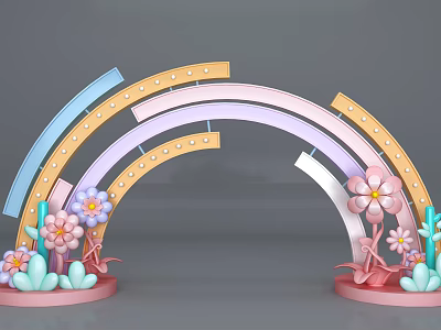 Colorful Rainbow Shaped Archway With Pink Flowers And Decorative Curved Sections 3d model