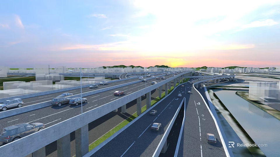 Multi Level Highway Bridge With Cars Driving On Urban Sunset Scene 3d model 