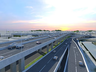 Multi Level Highway Bridge With Cars Driving On Urban Sunset Scene 3d model