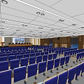 Spacious Conference Room Interior With Blue Seats Podium And Large Screen 3d model