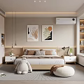 Modern Bedroom Interior With Bed Wardrobe Decorative Paintings And Soft Furnishings