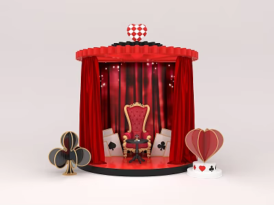 Red Curtain Stage Featuring Golden Chair Playing Card Elements Heart Decoration And Hot Air Balloon 3d model