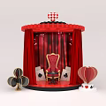 Red Curtain Stage Featuring Golden Chair Playing Card Elements Heart Decoration And Hot Air Balloon