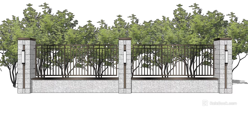 Modern Entrance Gate With Stone Pillar Iron Fence And Lush Green Trees 3d model 