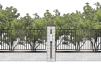 Modern Entrance Gate With Stone Pillar Iron Fence And Lush Green Trees 3d model