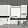 Modern Bathroom Interior With Glass Shower Large Mirror Double Sink Vanity And Freestanding Bathtub